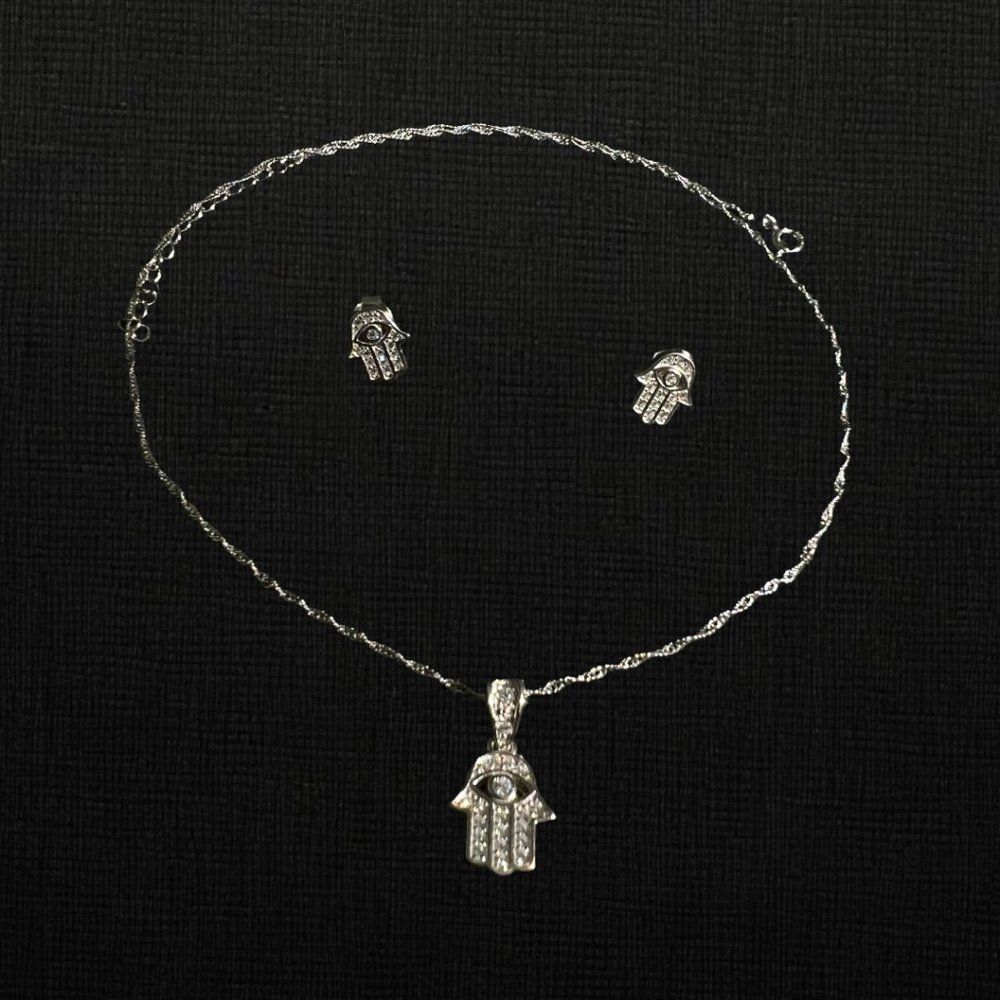925 Sterling Silver Handmade Hamsa Hand Charm Pendant Necklace and Earring Set